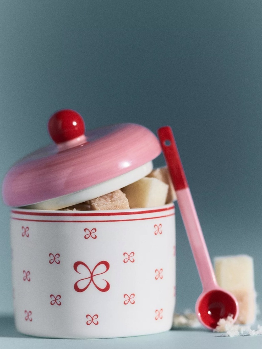 Anthropologie Maeve Stoneware Sugar Bowl and Spoon Pink Red Food Storage Jar